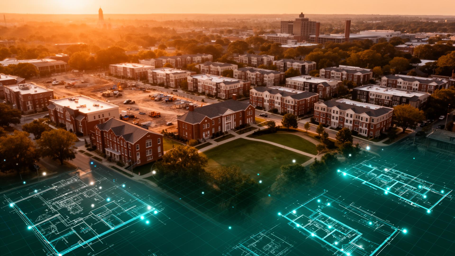 Aerial view of a development site at golden hour with architectural data overlays